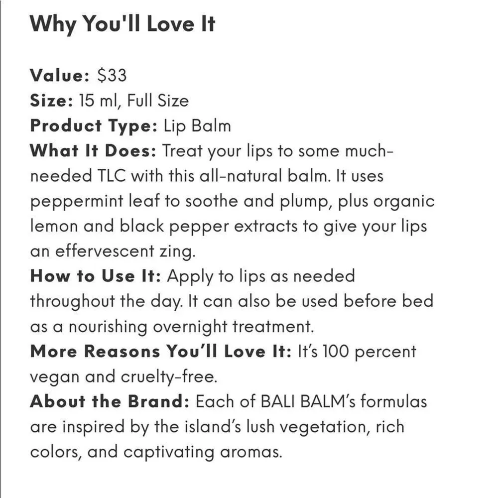 BALI BALM Womens Beauty Lemon & Black Pepper Lip Balm Coconut Oil Vegan MSRP $33